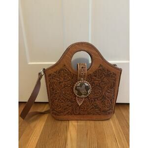 Western hand tooled tote horse conchos vintage genuine leather Bucket Bag Flower